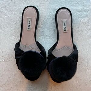 Miu Miu black fur Pom Pom slides